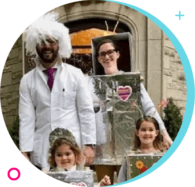 A family dressed up as dr. Seuss and the mad scientist